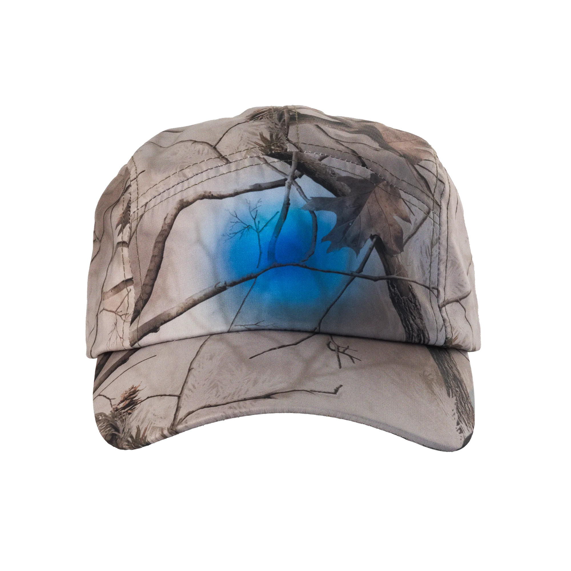 Camouflage-patterned cap with a blue graphic placed in the center on a white background