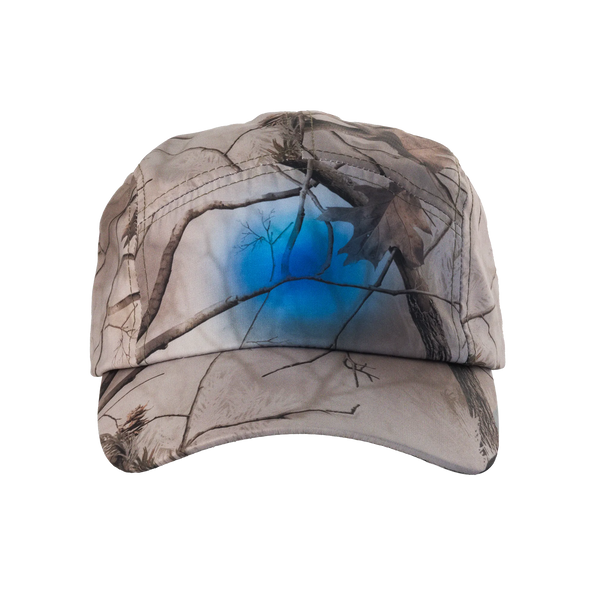 Camouflage-patterned cap with a blue graphic placed in the center on a white background
