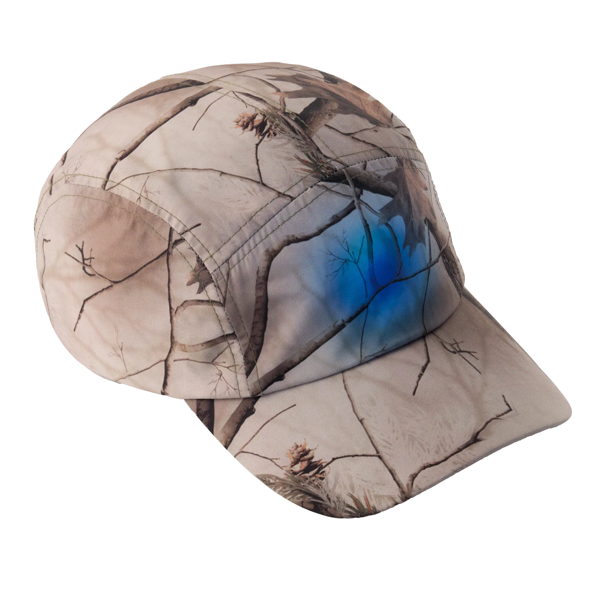 Camouflage-patterned cap with a blue graphic placed in the center on a white background