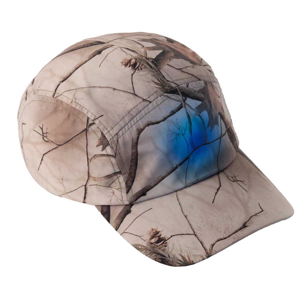 Camouflage-patterned cap with a blue graphic placed in the center on a white background