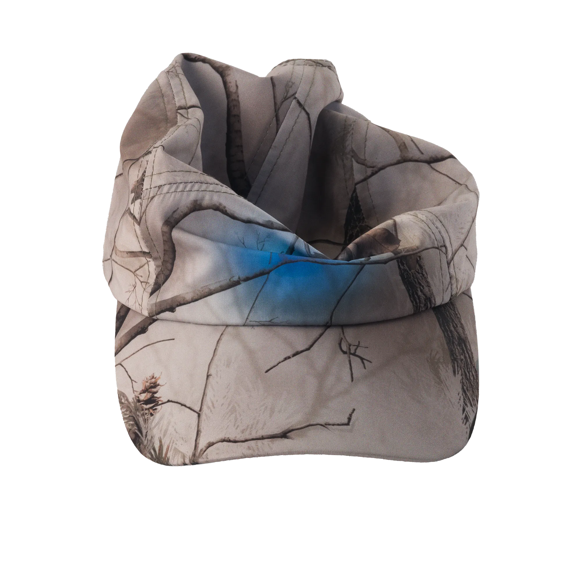 Camouflage-patterned cap with a blue graphic placed in the center on a white background