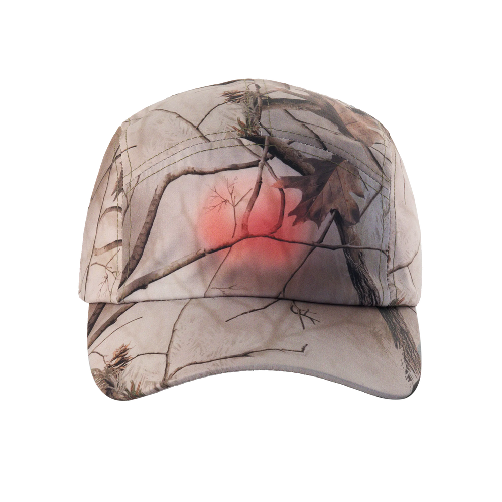 Camouflage-patterned cap with a red design on a white background