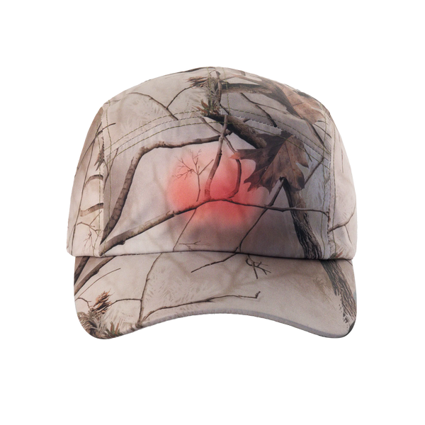 Camouflage-patterned cap with a red design on a white background
