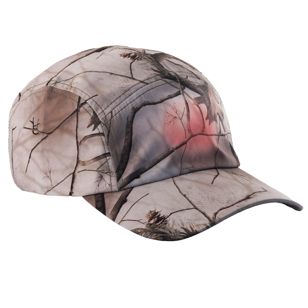 Camouflage-patterned cap with a red design on a white background