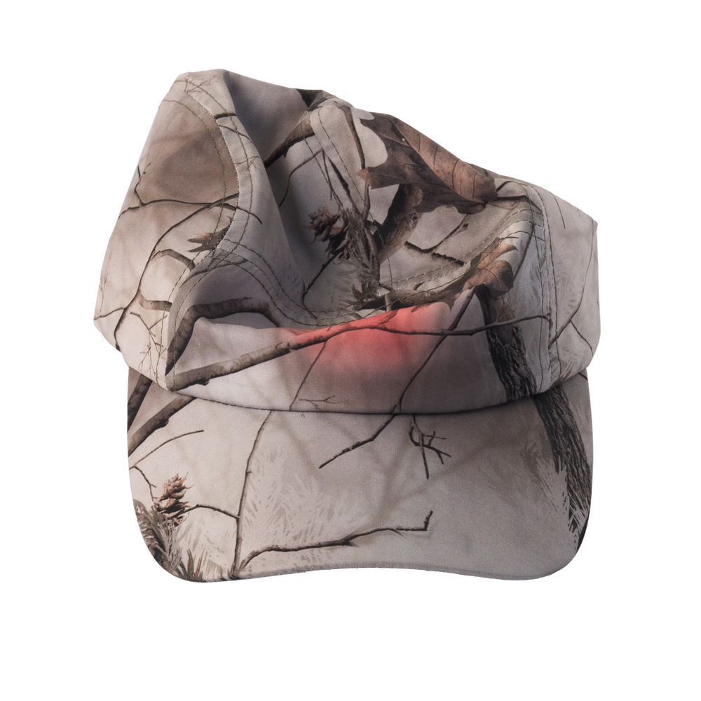 Camouflage-patterned cap with a red design on a white background